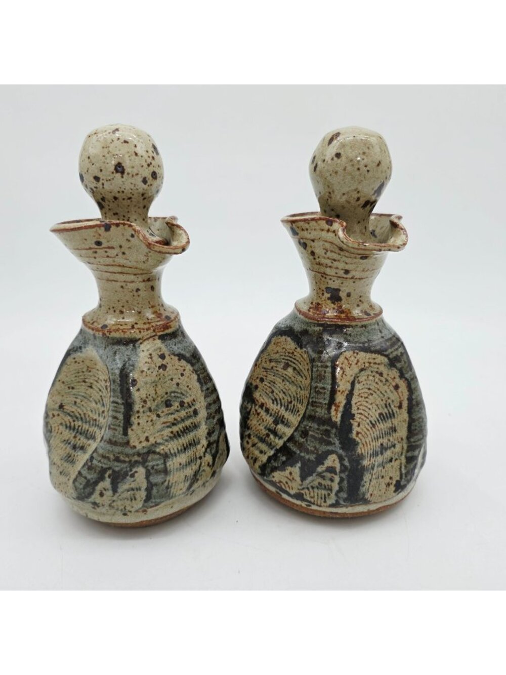 Handmade Ceramic Oil & Vinegar Bottles By Cariaso Signed Stoneware Rustic Potter